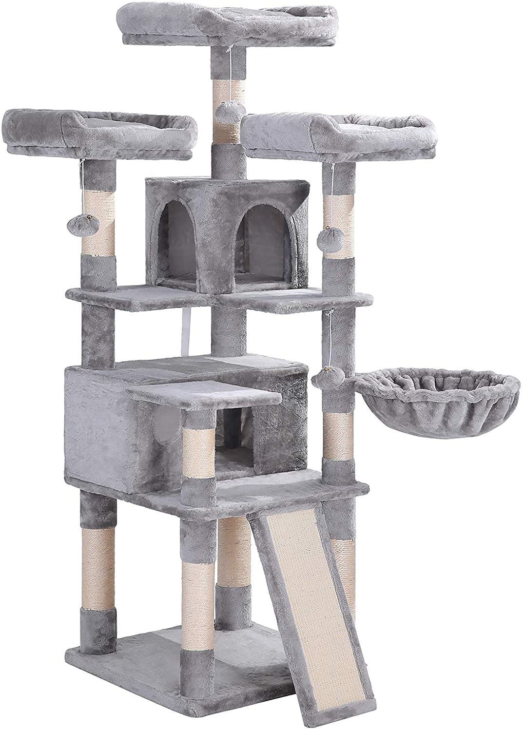 Arbre à chat XXL - avec deux abris - 55x168x55 cm - gris clair