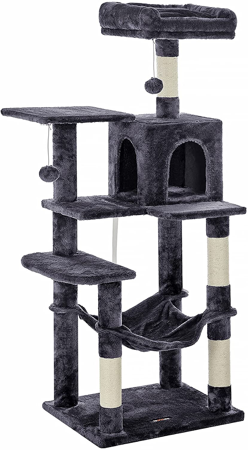 Arbre à chat - Griffoir avec hamac et grotte - Griffoir pour grands chats - 143 cm de haut - Gris foncé