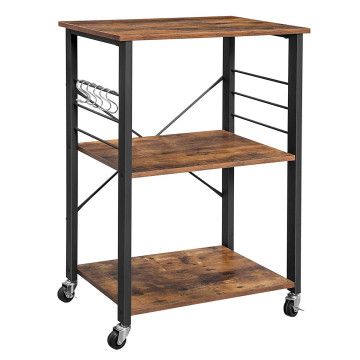 Chariot de cuisine - 3 niveaux - 6 crochets - 60x89x40 cm - brun vintage