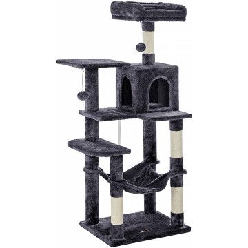 Arbre à chat - Griffoir avec hamac et grotte - Griffoir pour grands chats - 143 cm de haut - Gris foncé