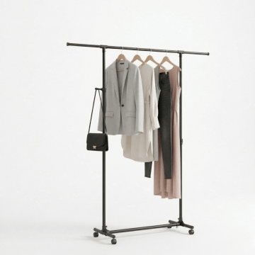 Porte-vêtements à roulettes - 97 > 165 cm - avec barre extensible - crochets latéraux et sacs - noir