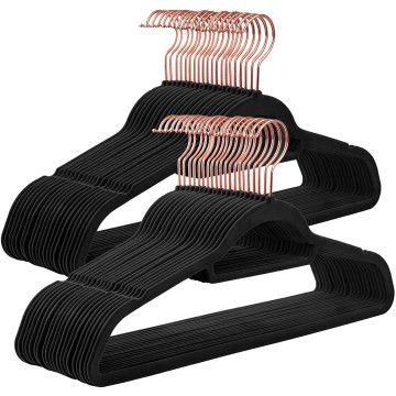 Cintres en velours - lot de 50 - antidérapants - avec crochet pivotant doré rose - gain de place - noir