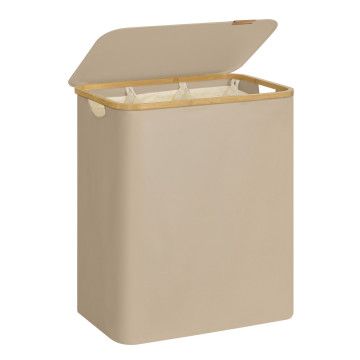 Panier à linge 3 compartiments – avec couvercle – 150 L – bambou – 60 x 38,5 x 70,5 cm – sable