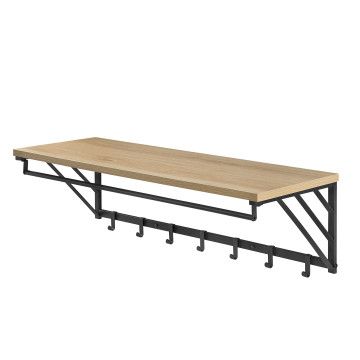 ACAZA Porte-manteau mural avec étagère et 7 crochets, Porte-manteau en métal et bois, couleur chêne clair.