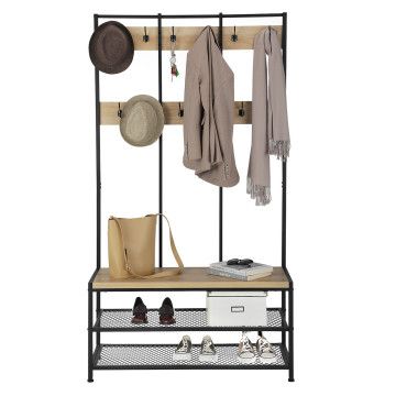 Porte-manteaux XL - look industriel - 12 crochets - 100x186x40 cm - chêne clair