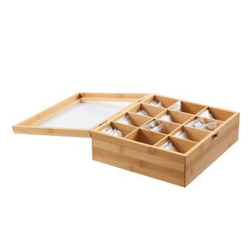 Boîte à thé - avec couvercle transparent - 12 compartiments - bambou