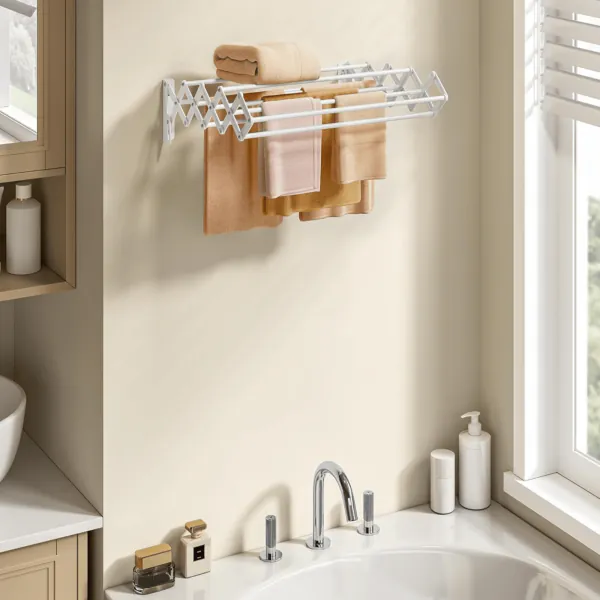 Séchoir à Linge Murale Extensible Et Pliable - 7 Barres Aluminium | Gain De Place Pour Salle De Bain Ou Buanderie