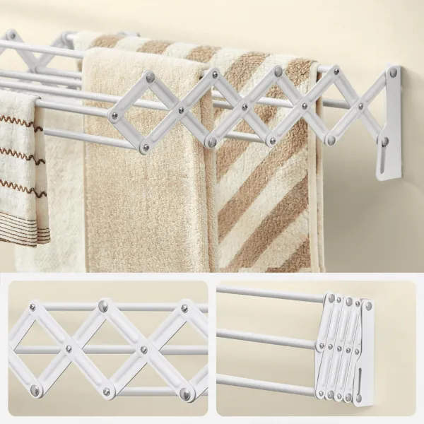 Séchoir à Linge Mural Extensible 100 Cm - 6 Bras, Charge Max 30 Kg - En Acier Inoxydable Et Carbone - Pour Intérieur/extérieur - Peu Encombrant, Blanc