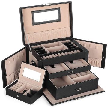 Boîte à bijoux de luxe avec miroir – noir – 3 niveaux et portes latérales