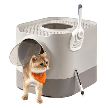 Bac à litière – toilette pour chat – 54 x 42,8 x 40 cm – gris chaud – avec pelle et brosse – bacs à litière