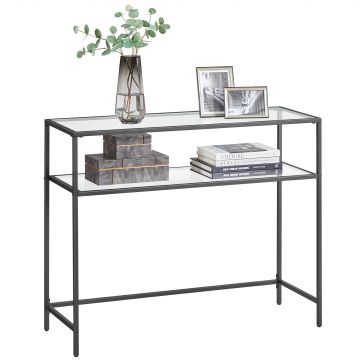 Table console, Table d'appoint avec 2 étagères, 100 x 35 x 80 cm, verre trempé, Support de rangement, Structure métallique, Pieds réglables, pour Salon, Hall d'entrée, noir